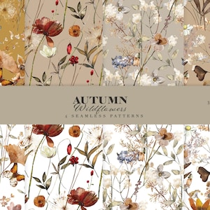 Pack de papier numérique fleurs sauvages d'automne - fleurs de prairie aquarelles - motifs sans couture - papier imprimable - décoration en tissu fleurs sauvages design automne