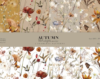 autumn wildflowers digital paper pack - watercolor meadow flowers - seamless patterns - printable paper -fall design wildflower fabric decor