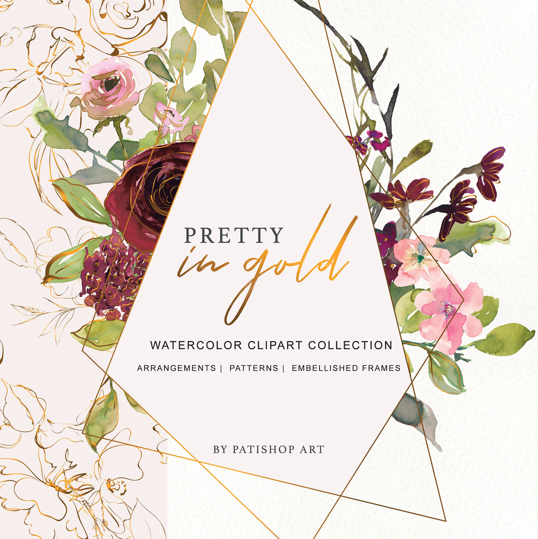 Pretty in Gold* Burgundy Blush Gold Floral Bouquet Clipart Seamless P…