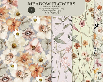 Wiese Blumen Aquarell Musterdesign, Digitales Papier, Scrapbook Papiere, nahtlose Muster, digitaler Hintergrund, druckbares Papier Set