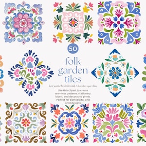 Puede incluir: Un conjunto de 50 azulejos de jardín folk pintados a mano con diseños florales y geométricos. Los azulejos presentan una paleta de colores vibrantes de rosa, azul, verde y naranja. El texto dice "folk garden tiles".