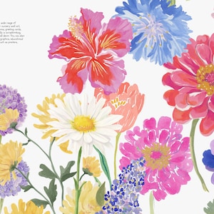May include: Watercolor floral clipart set featuring a variety of colorful flowers. The image includes a red hibiscus, pink zinnias, white daisies, and purple alliums. The flowers are painted in vibrant hues against a white background.