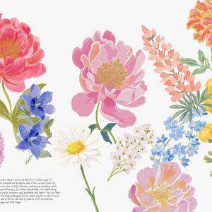 May include: Watercolor floral clipart set featuring a variety of flowers in shades of pink, red, yellow, and blue. Includes peonies, daisies, and other blooms with green stems and leaves. Perfect for various creative projects.