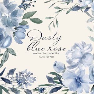 clipart floral de acuarela azul polvoriento - clipart floral elegante - clipart de boda - clipart floral pintado a mano - clipart prefabricado - minimalista