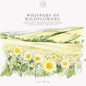 May include: Watercolor painting of a landscape with wildflowers, including daisies, poppies, and sunflowers. The painting features a rolling hillside with a small village in the distance. The painting is titled "Whispers of Wildflowers" and includes the text "Floral Landscapes with Daisies, Poppies & Sunflowers - Perfect for Spring Designs, Wedding Invites, and Wall Art".