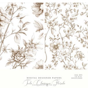 May include: Two digital paper designs featuring a brown and white floral pattern. The designs are seamless and can be used for a variety of projects, such as scrapbooking, card making, and digital invitations. The papers are 300 DPI and 12x12 inches.