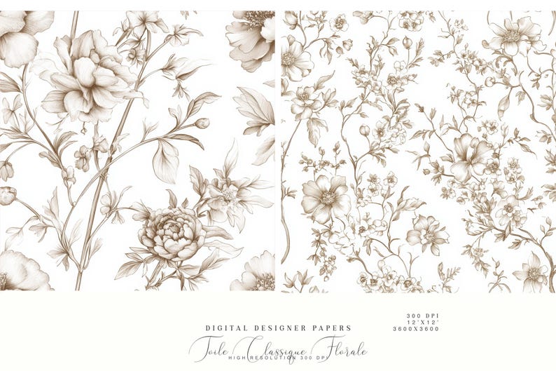 May include: Two digital paper designs featuring a brown and white floral pattern. The designs are seamless and can be used for a variety of projects, such as scrapbooking, card making, and digital invitations. The papers are 300 DPI and 12x12 inches.