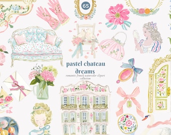pastel chateau dreams watercolor clipart, french romantic illustration set, rococo floral decor, vintage pink art, elegant png elements