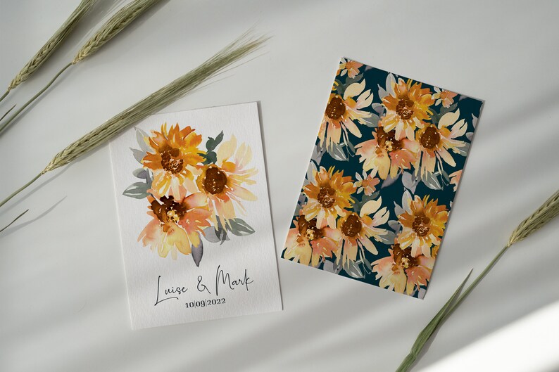 May include: Two cards with watercolor sunflower designs. One card features a bouquet of sunflowers with the names "Luise & Mark" and the date "10/09/2022". The other card has a repeating sunflower pattern on a dark teal background.