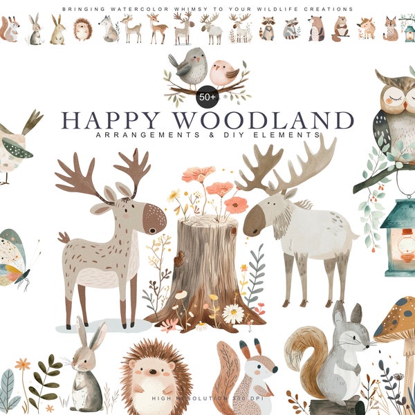 watercolor woodland animal clipart bundle, nursery clipart, fox png, cute moose clipart, squirrel clipart, woodland animals set, owl png