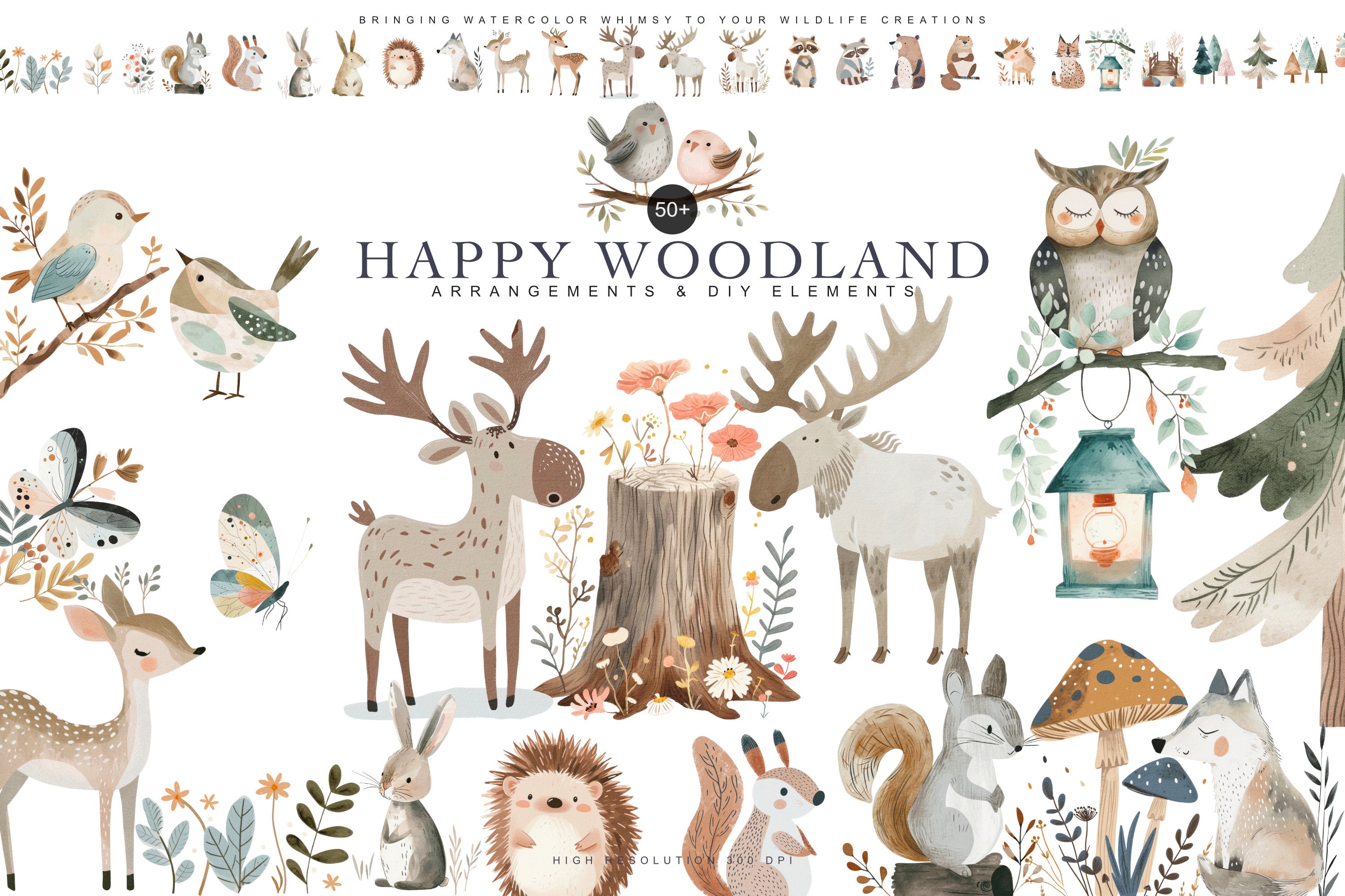 Paquete de imágenes prediseñadas de animales del bosque en acuarela, imágenes prediseñadas de guardería, zorro png, imágenes prediseñadas de alce lindo, imágenes prediseñadas de ardilla, conjunto de animales del bosque, búho png