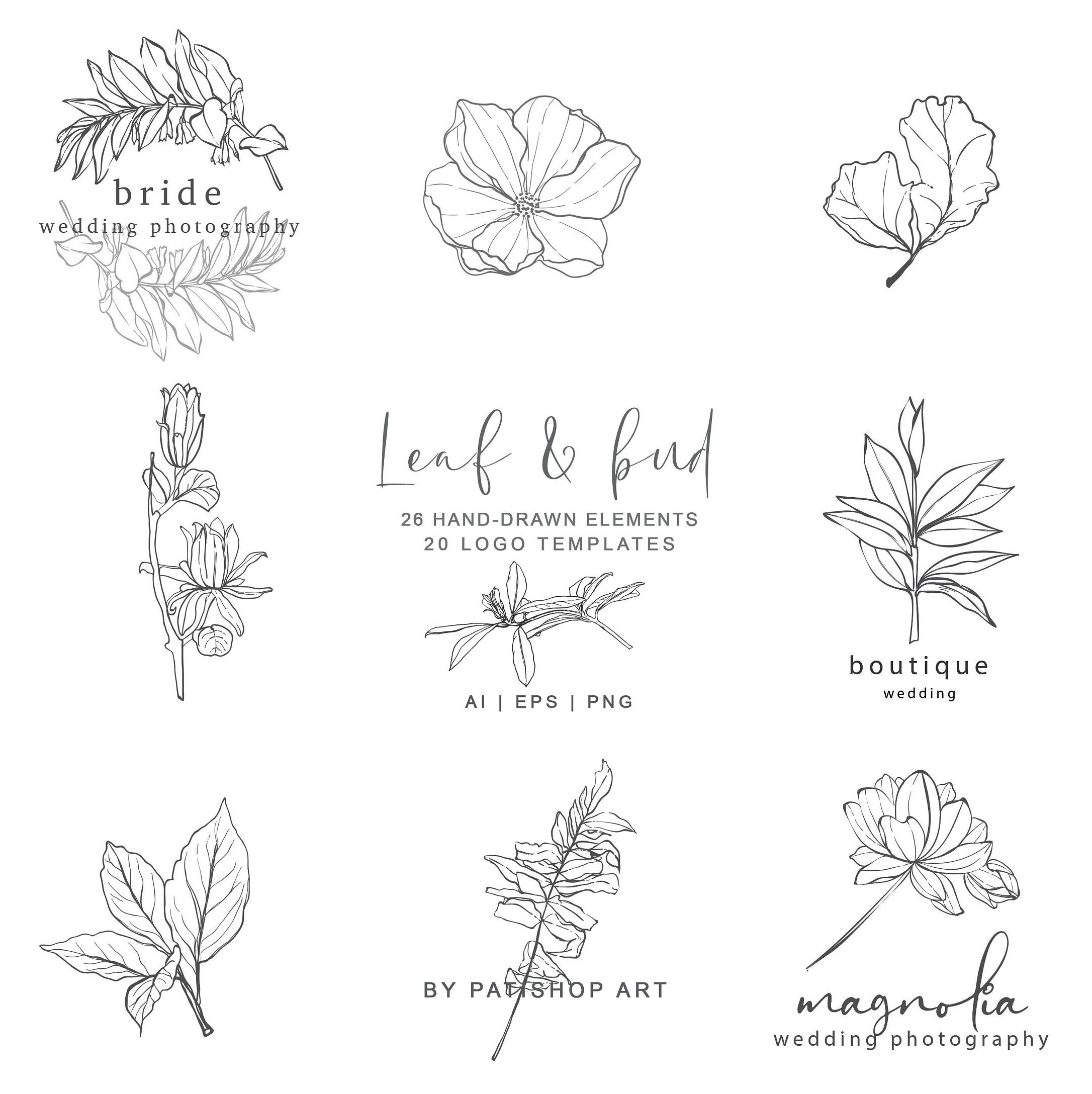 Leaf and Bud Hand-drawn Botanical Logos & Illustrations | Etsy