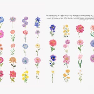 May include: A collection of watercolor flower illustrations in various colors, including pink, blue, yellow, and orange. The flowers are depicted with green stems and leaves, set against a white background. The image is suitable for various creative projects.