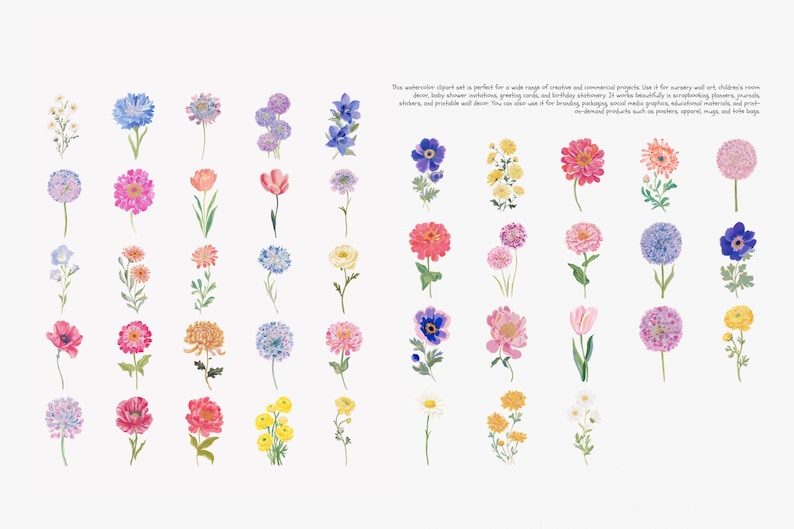 May include: A collection of watercolor flower illustrations in various colors, including pink, blue, yellow, and orange. The flowers are depicted with green stems and leaves, set against a white background. The image is suitable for various creative projects.