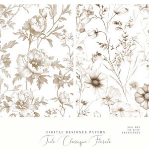 May include: Two digital paper designs featuring floral patterns in shades of brown on a white background. The first design features large peonies and smaller flowers. The second design features a variety of smaller flowers and grasses. The text "Toile Classique Florale" is visible at the bottom of the image.