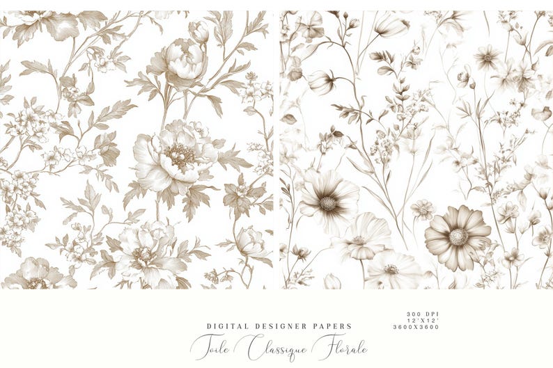 May include: Two digital paper designs featuring floral patterns in shades of brown on a white background. The first design features large peonies and smaller flowers. The second design features a variety of smaller flowers and grasses. The text "Toile Classique Florale" is visible at the bottom of the image.