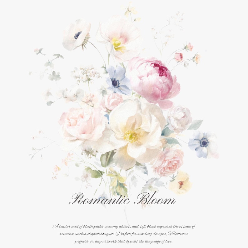 May include: A watercolor painting of a bouquet of flowers in shades of pink, white, and blue. The flowers include roses, peonies, and anemones. The text "Romantic Bloom" is written below the bouquet.