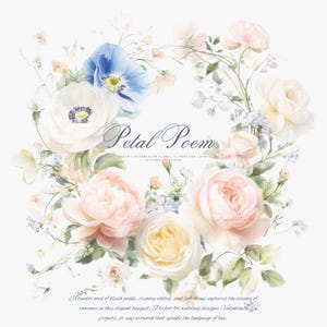 Peut inclure: Couronne florale &agrave; l'aquarelle avec des roses roses, blanches et bleues. Le design comprend des roses, des coquelicots et d'autres fleurs d&eacute;licates, avec le texte "Petal Poem". Id&eacute;al pour les projets romantiques.