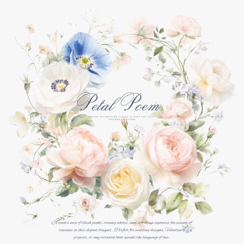 Peut inclure: Couronne florale &agrave; l'aquarelle avec des roses roses, blanches et bleues. Le design comprend des roses, des coquelicots et d'autres fleurs d&eacute;licates, avec le texte "Petal Poem". Id&eacute;al pour les projets romantiques.