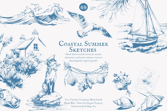 coastal clipart png, nautical marine illustration and sailing graphics, seaside ocean artwork with waves and beach sketches, digital clipart