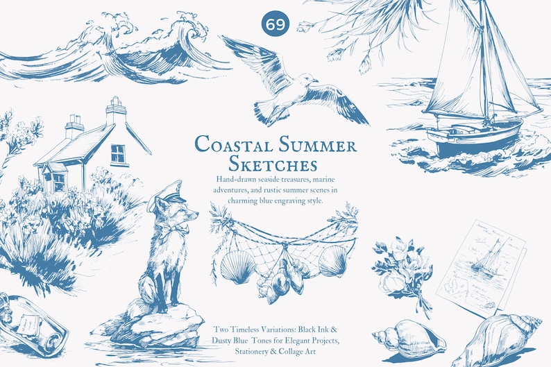 May include: A collection of hand-drawn illustrations in a blue ink style featuring coastal and nautical themes. The illustrations include a sailboat, a lighthouse, a fox, a seagull, seashells, and a fishing net. The text "Coastal Summer Sketches" is included in the image.