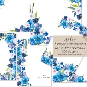 watercolor blue flowers frames - watercolor border arrangements - wedding design - premade wedding clipart - premade frames - blue roses