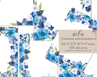 watercolor blue flowers frames - watercolor border arrangements - wedding design - premade wedding clipart - premade frames - blue roses