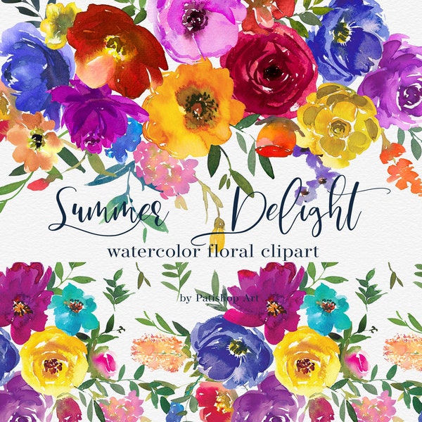 watercolor colorful flowers clipart - bold colors flowers clipart - summer floral  wreath clipart - Seamless Patterns -  wedding design png