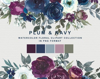 hand painted floral clipart, watercolor flowers, burgundy flowers navy florals, botanical png, romantic florals wedding invitation NOT AI
