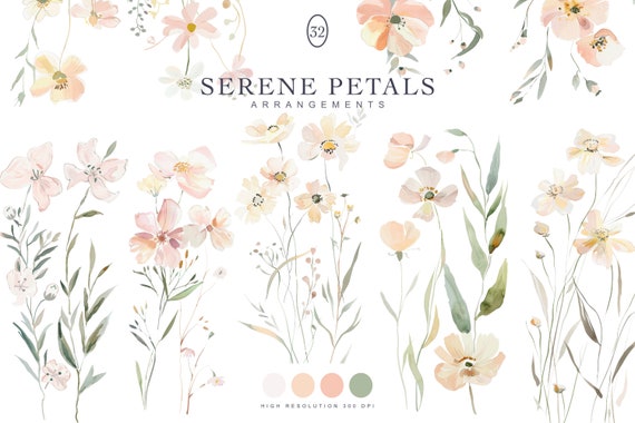 wild flowers - floral clipart - pastel meadow flowers - DIY elements - minimalist -watercolor clipart - greeting cards design - logo design