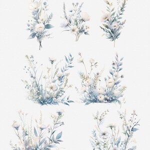 May include: Watercolour clipart featuring six arrangements of dusty blue and white wildflowers. The flowers are arranged in bouquets and clusters, with delicate stems and leaves. The artwork is perfect for adding a touch of nature to digital designs.