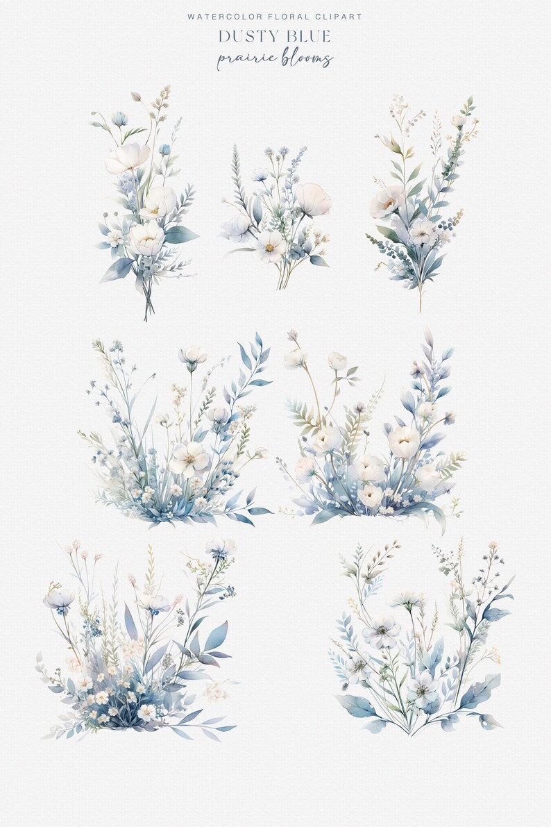 May include: Watercolour clipart featuring six arrangements of dusty blue and white wildflowers. The flowers are arranged in bouquets and clusters, with delicate stems and leaves. The artwork is perfect for adding a touch of nature to digital designs.