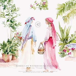 May include: Watercolor illustration of two women in traditional Moroccan attire, set in a courtyard with a fountain and lush greenery. The image features the text "Moroccan Watercolor Elegance".