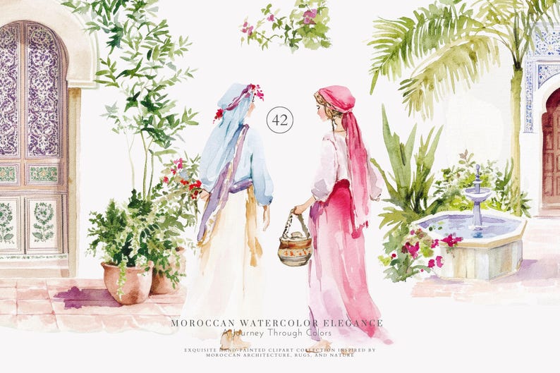May include: Watercolor illustration of two women in traditional Moroccan attire, set in a courtyard with a fountain and lush greenery. The image features the text "Moroccan Watercolor Elegance".