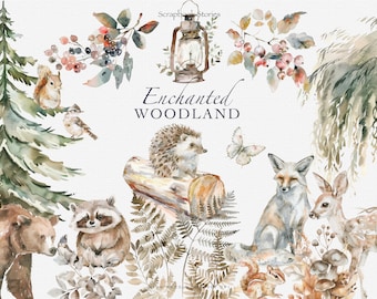 watercolor enchanted woodland clipart set - woodland graphics - watercolor moose - wolf clipart - watercolor woodland animals -  forest png