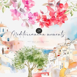 mediterrane aquarel clipart - mediterraan uitzicht - bougainvillea clipart-mediterraan landschap - aquarel clipart - roze bloemen png