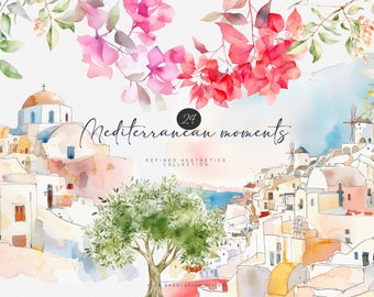 mediterranean clipart png bundle, watercolor greek houses, coastal bougainvillea flowers, seaside village clip art, summer travel digital