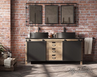LANA (6160) - Solid oak vanity (aged wood) with 2 washbasins, taps, iron doors, 3 drawers and mirror, L 160 x W 55 x H 92 cm