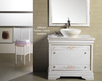 EVITA (8014) - Hand-painted solid wood vanity with marble sink, faucet, drawers, mirror and lamps - 96 x 54 x 82 cm