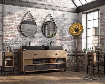 MONA (6120) - Solid oak vanity (aged wood) with washbasin, taps, wooden and iron drawers, mirror, L 160 x D 55 x H 88 cm