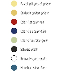K&ouml;nnte beinhalten: Eine Farbkarte mit 14 verschiedenen Farben, darunter Rosa, Blau, Gr&uuml;n, Gelb, Rot, Schwarz, Wei&szlig; und Grau. Jede Farbe ist mit ihrem Namen in Deutsch und Englisch beschriftet.