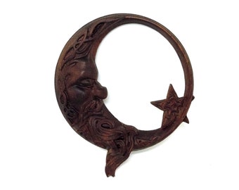 Wood Carved Moon Face with Star