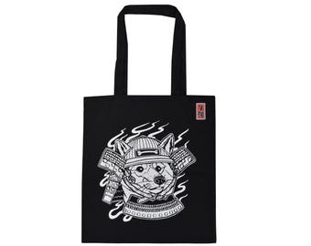 Samurai Shiba Inu Cotton Tote Bag - Eco Shopping Bag - Japanese Samurai Helmet - Doge - Year of the Dog - Japan - Japanese Print