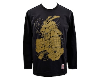 Top T-Shirt Homme Manches Longues - Loutre Samouraï - Casque Samouraï - Pivoine Japonaise - Good Luck Omamori - Imprimé Or - Imprimé Japonais