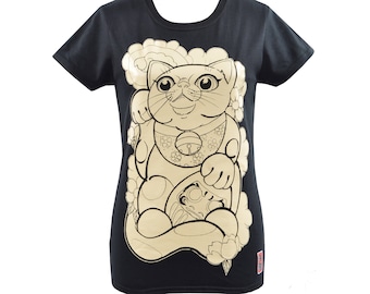 Womens Maneki Neko t-shirt - Japanese Tattoo - Lucky Cat - Daruma Doll - Kitten - Japanese Cherry Blossom - Japanese Print - Sakura
