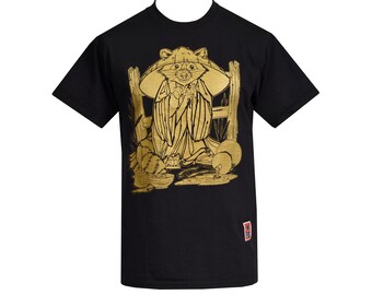 Tanuki Monk Mens T-Shirt - Japanese Design - Racoon Print - Gold - Yokai - Japanese Art - Japan - Sake Gourd