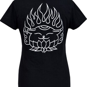 May include: Black t-shirt with a white outline of a cat sitting in a lotus flower with flames around its head.