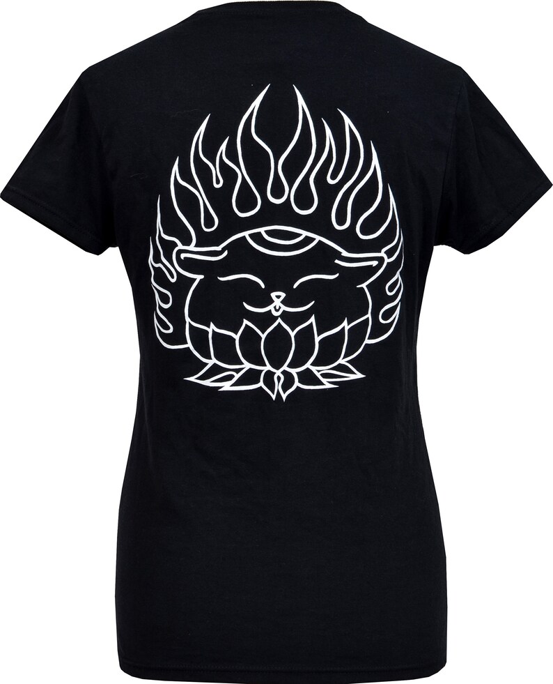 May include: Black t-shirt with a white outline of a cat sitting in a lotus flower with flames around its head.