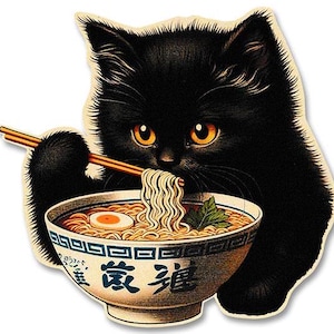 Black Kitten Ramen Sticker Decal Japanese Noodles Laptop Kawaii Gift