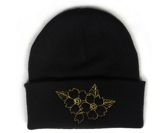 Sakura Cherry Blossom Beanie - Japanese Sakura - Gold Embroidered Beanie